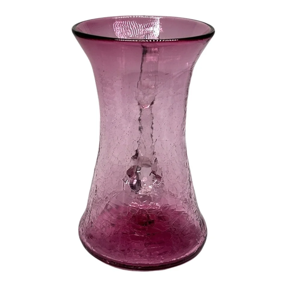Vtg 90s Pink Crackle Glass Pitcher Vase 5.5